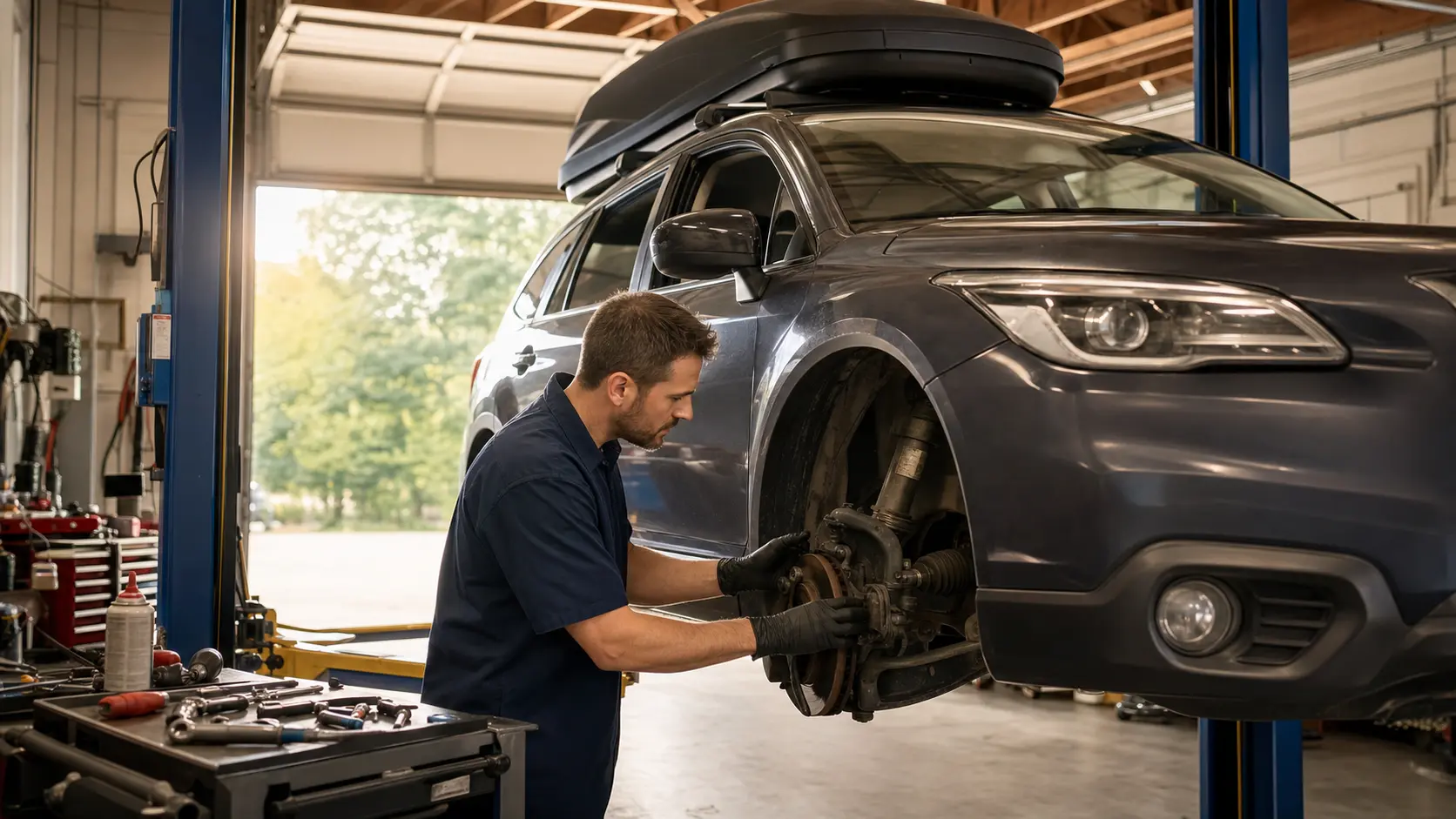 Mechanic checking a family SUV’s steering before a summer road trip