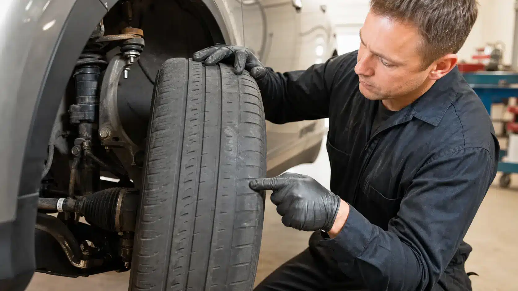 Mechanic inspecting uneven tire wear caused by steering problems