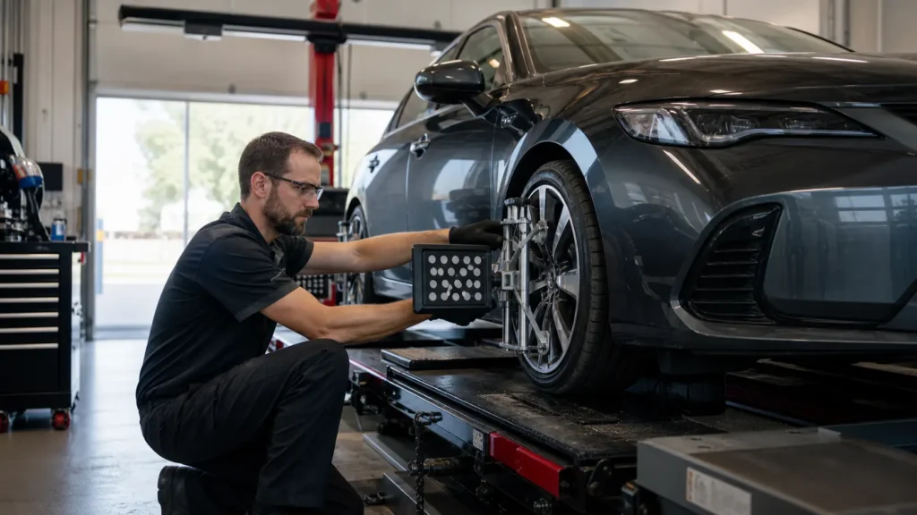 Technician performing a wheel alignment on a family car