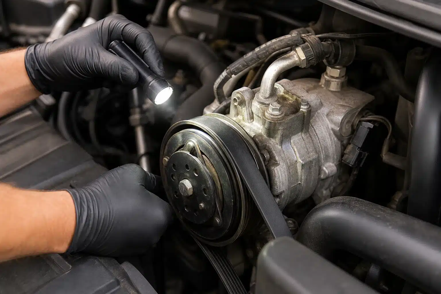 Technician inspecting a car A/C compressor and drive belt for wear