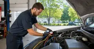 Technician testing a vehicle’s air conditioning with manifold gauges in Waterloo