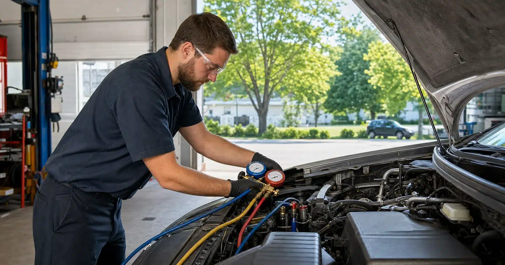 Technician testing a vehicle’s air conditioning with manifold gauges in Waterloo
