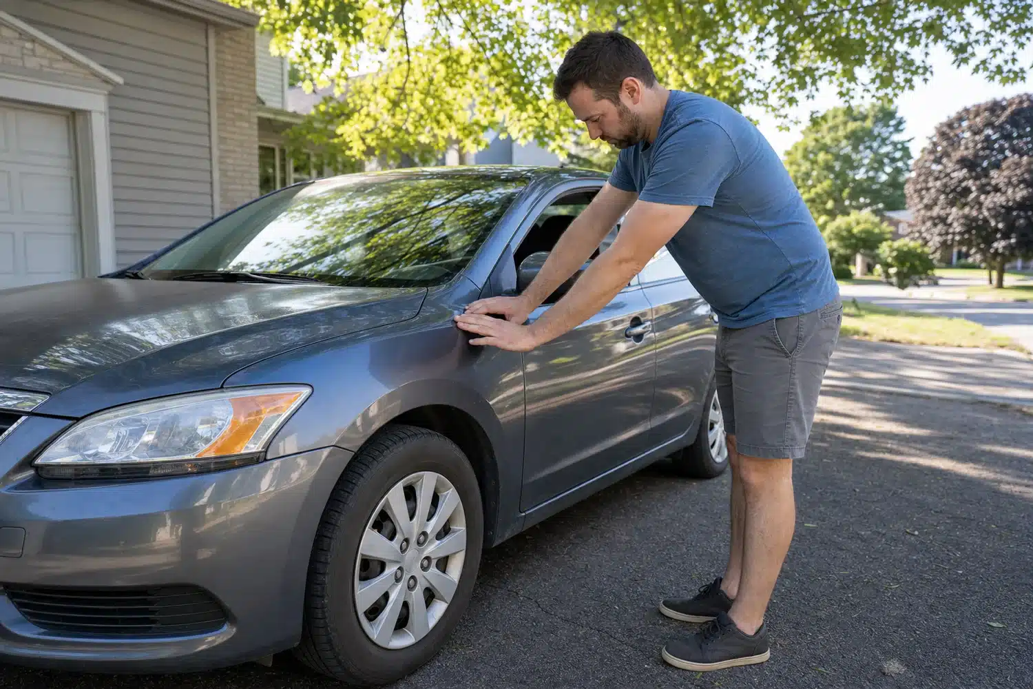 Driver pressing down on the front corner of a car during a driveway bounce test