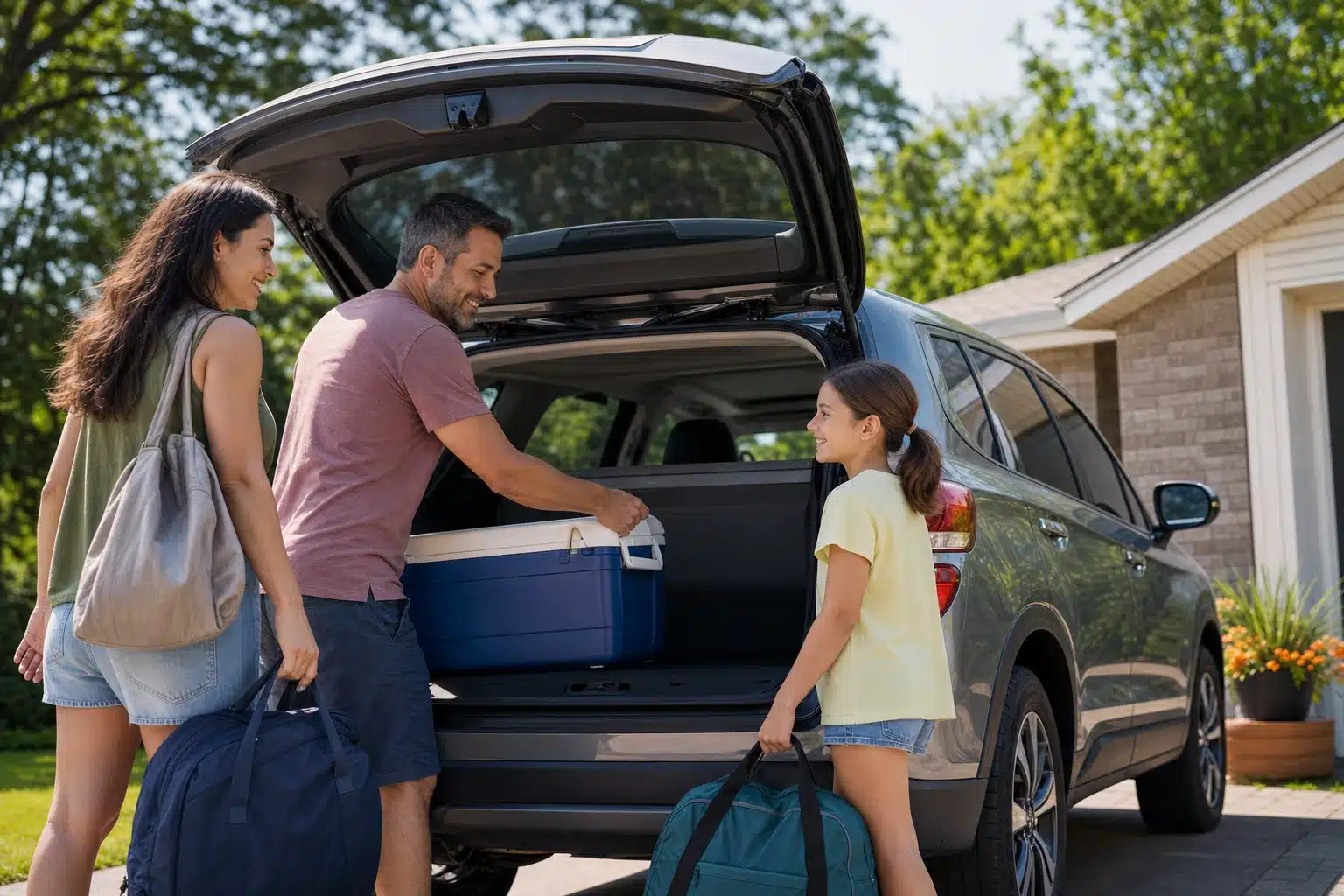 Family loading a vehicle for a summer road trip in Waterloo Region
