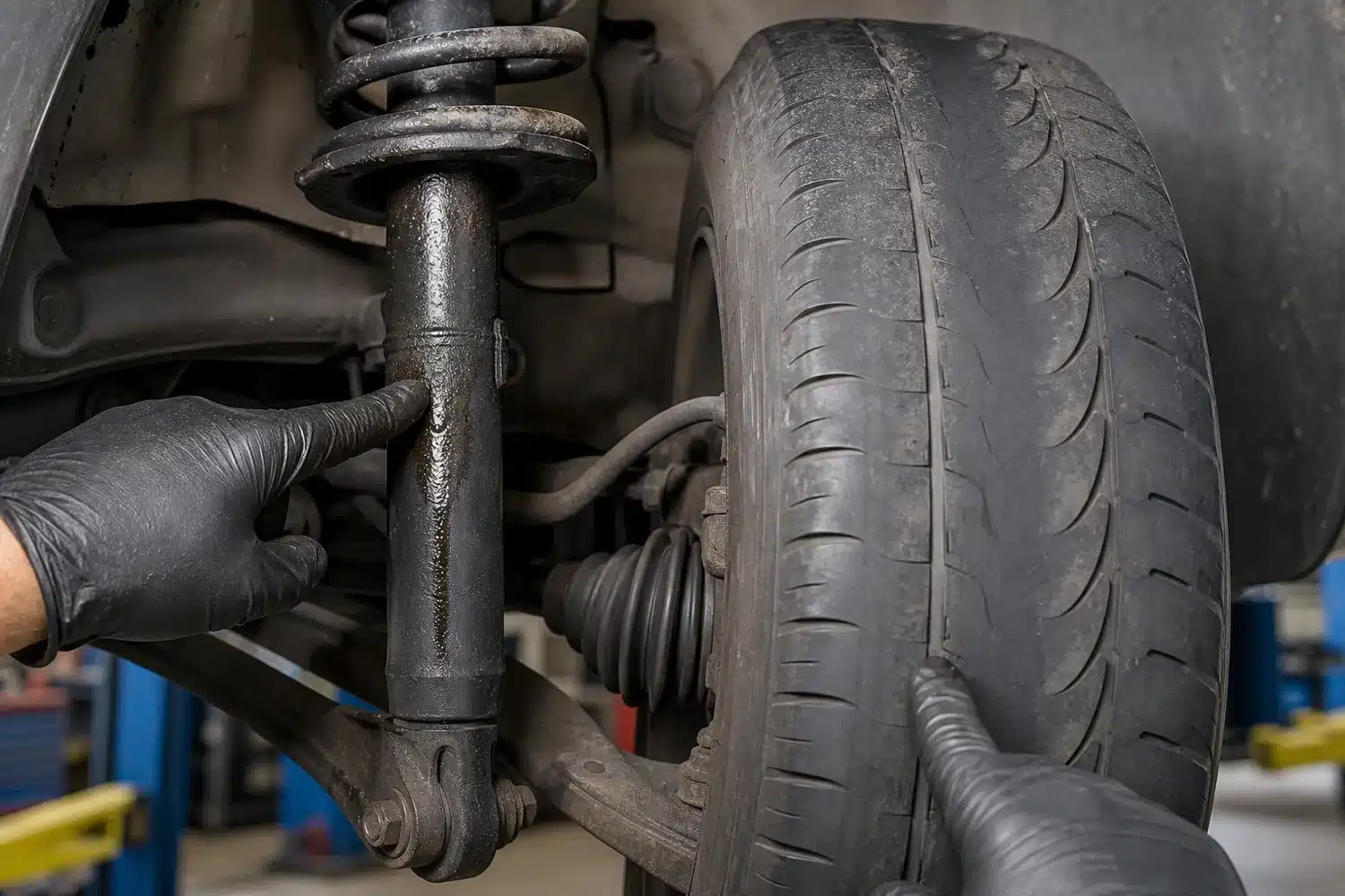 Mechanic pointing to an oily strut and uneven tire tread during an inspection