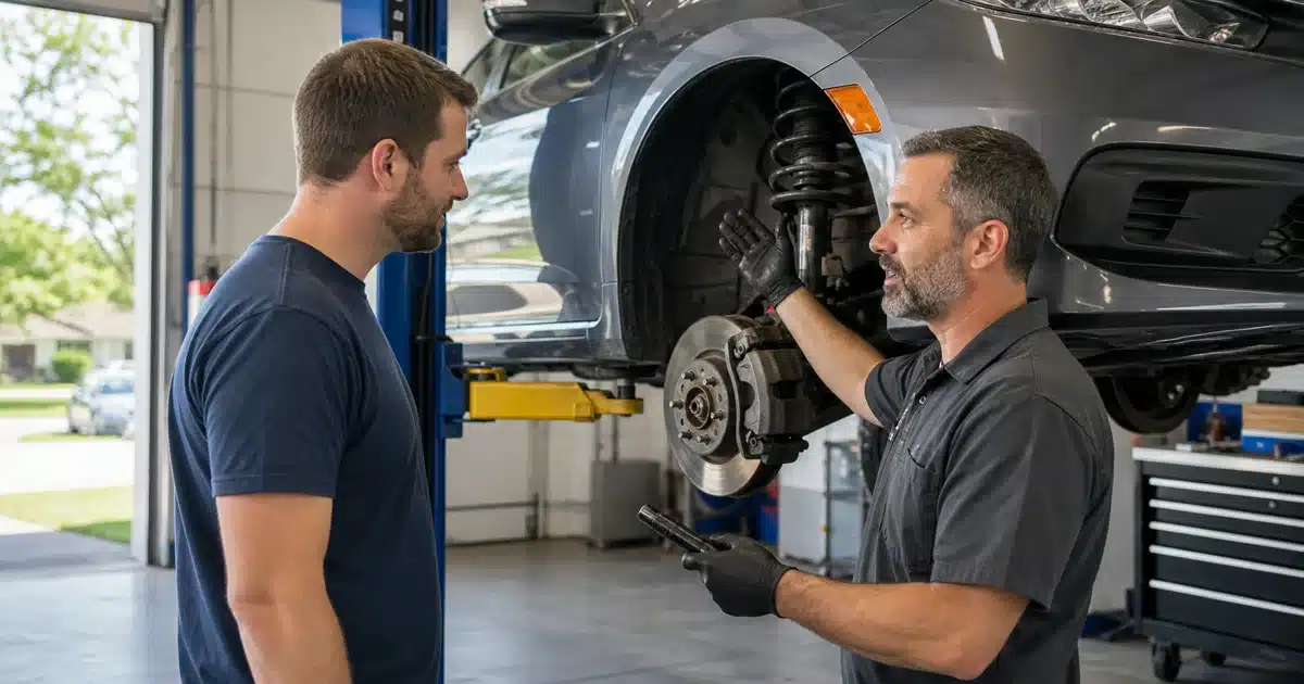 Mechanic showing a customer a front strut during a suspension inspection