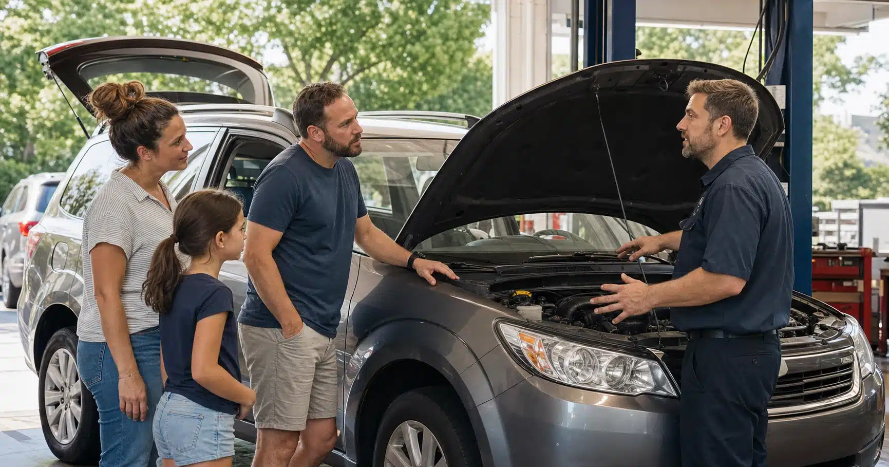 Mechanic helping a family prepare their car for an Ontario road trip