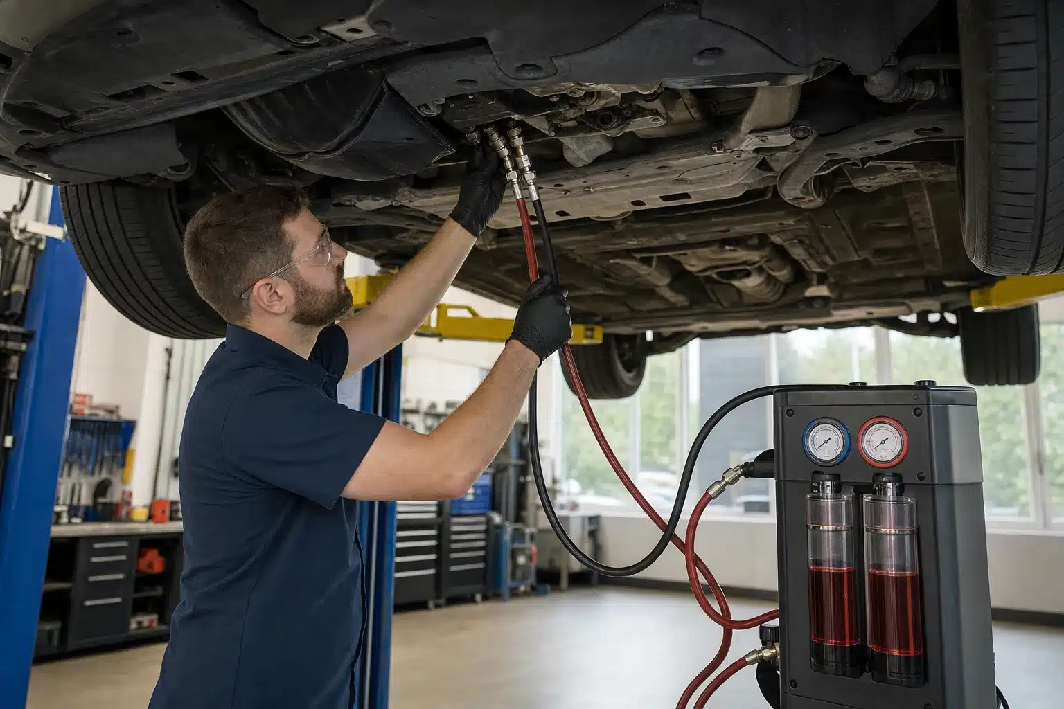 Technician performing a transmission fluid service before a road trip