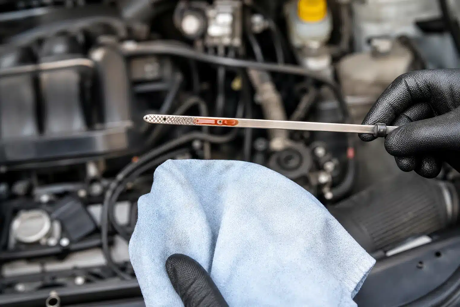 Mechanic checking pink-red transmission fluid before a summer trip