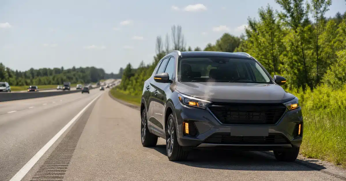 Car stopped safely with hazard lights on after overheating on an Ontario highway