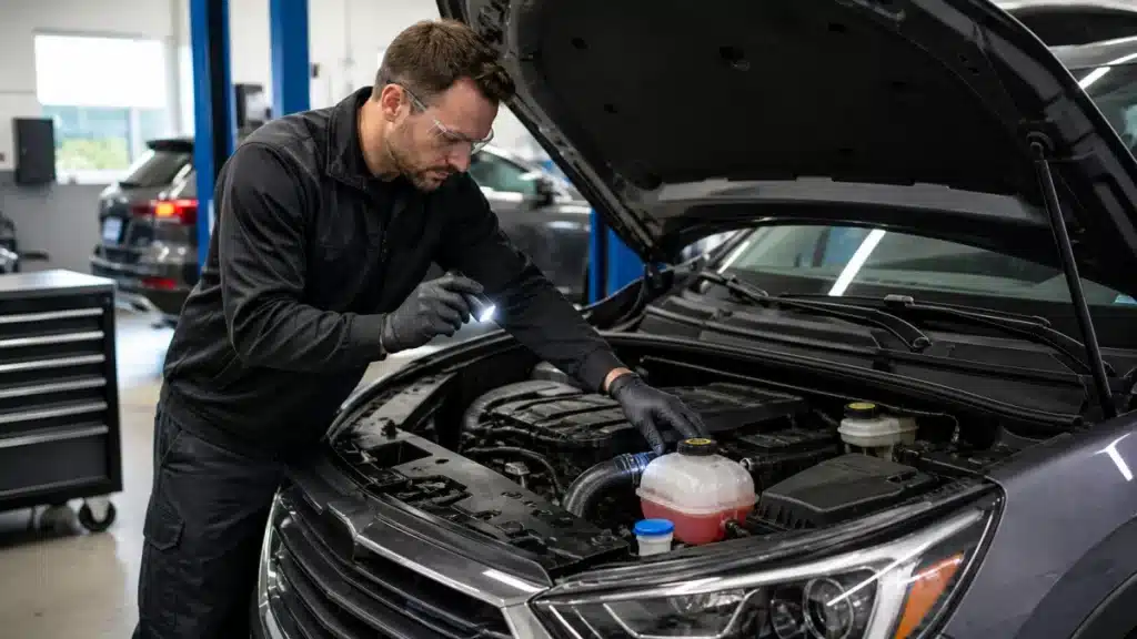 Technician inspecting a vehicle’s cooling system to help prevent engine overheating