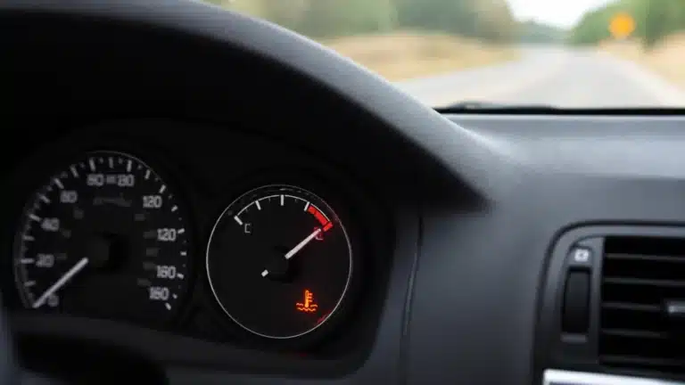 Dashboard temperature gauge and warning light indicating an overheating engine