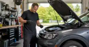 Mechanic checking transmission fluid on an SUV at a Kitchener repair shop