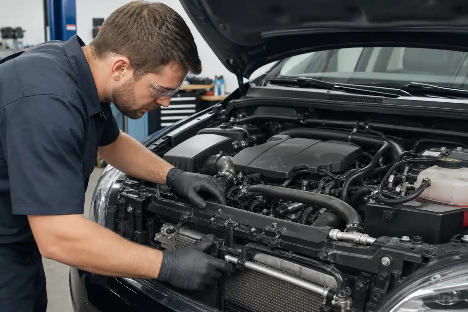 Technician inspecting a vehicle’s cooling system and transmission cooler connections