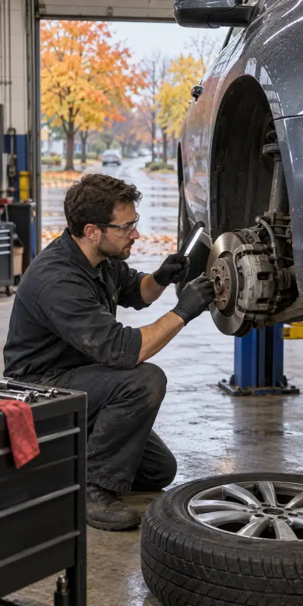 Gloved technician shining a light on a closed brake-fluid reservoir.