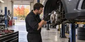 Technician inspecting an exposed brake rotor and caliper in an auto repair shop.