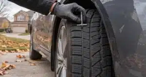 Gloved hand measuring a car tire’s tread depth with a gauge on an autumn driveway.