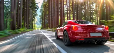 red car driving fast in the forest