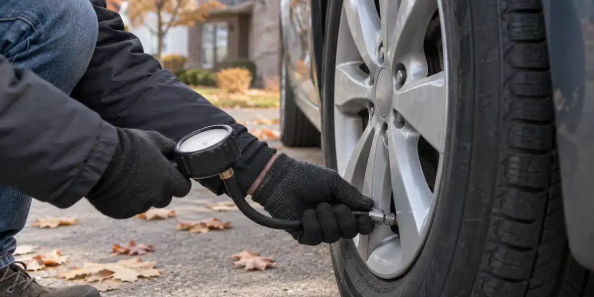 Gloved hands connecting a pressure gauge to a car tire’s valve stem.