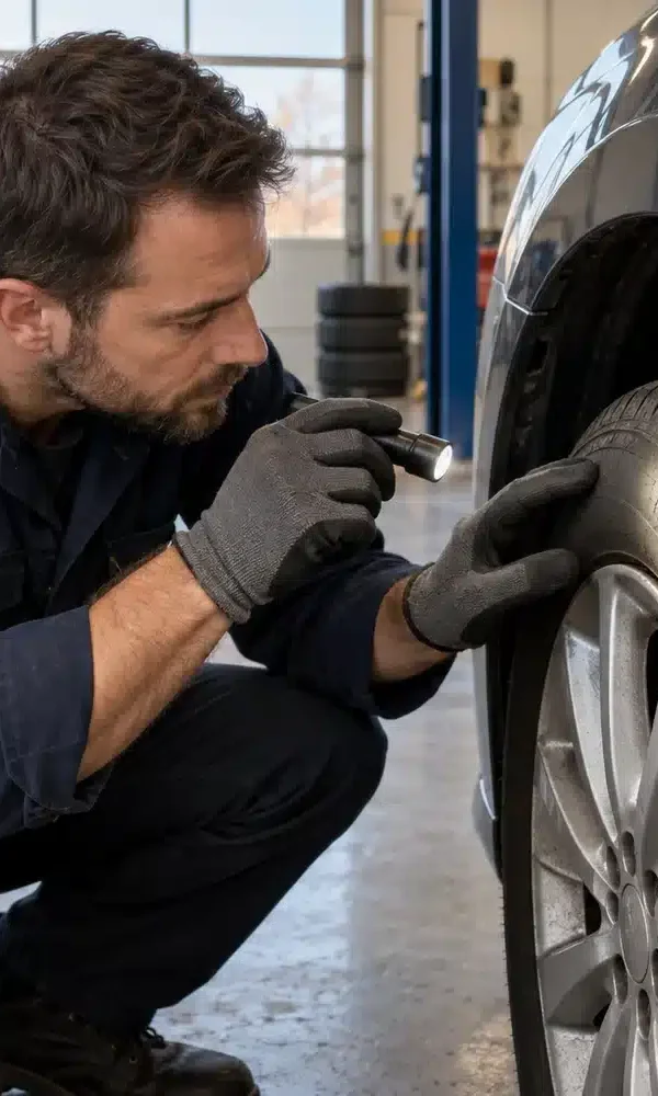 Mechanic using a flashlight to inspect cracks in a car tire’s sidewall.